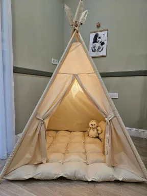 Tenda Wigwam per bambini in cotone Beige con tappeto e cuscino | YokoTower