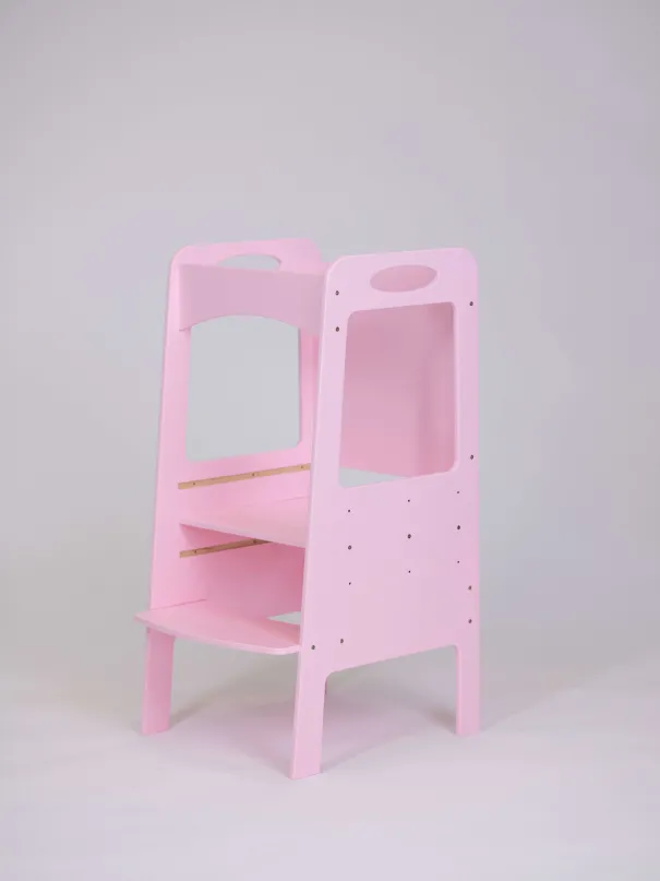 Höhenverstellbarer Montessori-Lernturm in Rosa mit Tafel - Holzturm für Lernen und Unabhängigkeit | Yoko Tower