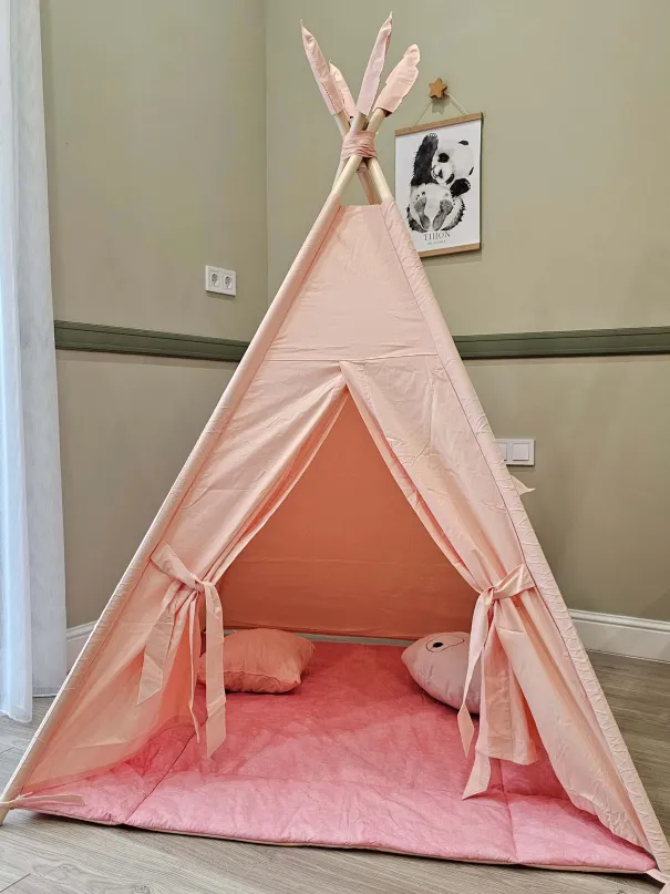 Tenda Wigwam per bambini in cotone Salmone con tappeto e cuscino | YokoTower