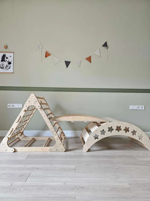 Pikler Triangle with Montessori Stella Rocker Set in natural wood - climbing and educational play for children | YokoTower