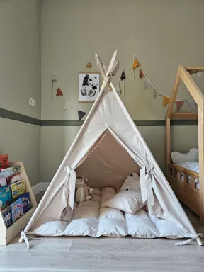 Wigwam-Zelt für Kinder aus Taupe Baumwolle mit Matte und Kissen | YokoTower