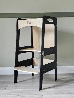 Torre de Aprendizaje Montessori Transformable Negro/Lacado con pizarra - mesa y silla para niños | Yoko Tower