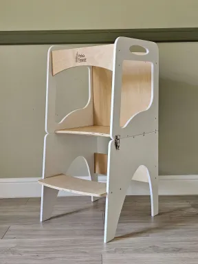 Torre de Aprendizaje Montessori Transformable “CURVE“ Blanco/Lacado con pizarra - mesa y silla para niños | Yoko Tower