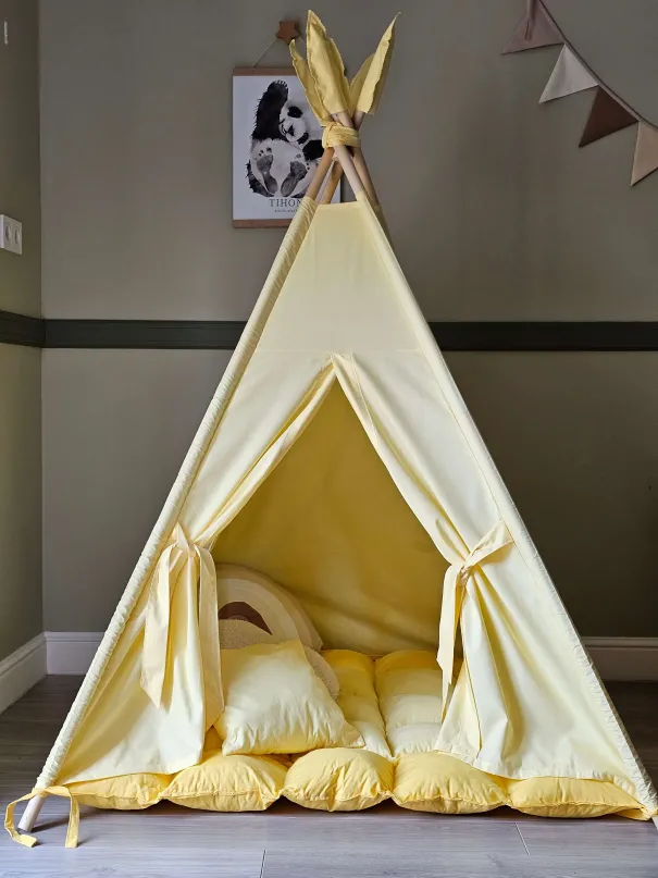 Tenda Wigwam per bambini in cotone Giallo con tappeto e cuscino | YokoTower