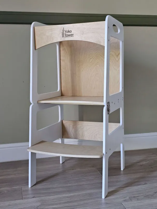 Torre de Aprendizaje Montessori Transformable Blanco/Lacado con pizarra - mesa y silla para niños | Yoko Tower