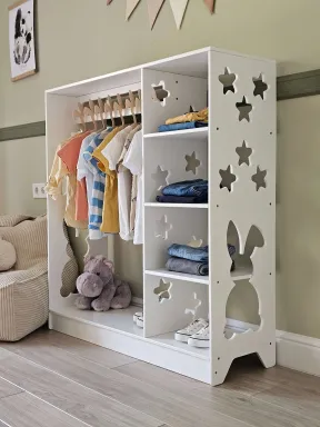 Montessori Wardrobe for Kids Bunny White – Wooden wardrobe for kids, organization and independence | Yokotower