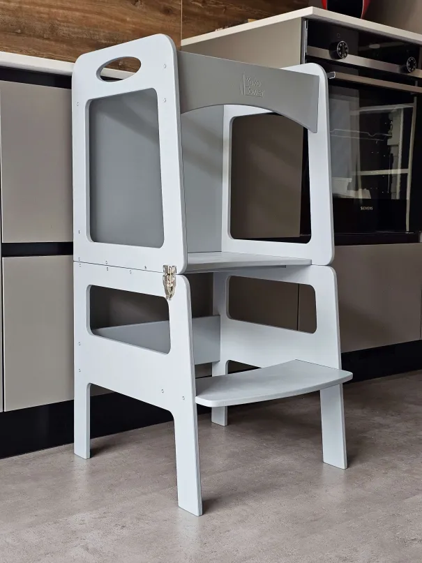 Torre de Aprendizaje Montessori Transformable Gris con pizarra - mesa y silla para niños | Yoko Tower