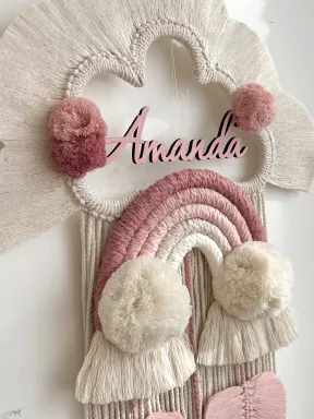 Personalized macramé birth announcement with name, handmade from natural cotton and wooden base.