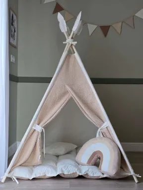 Tienda Wigwam para niños de algodón Beige/Leche con alfombra y cojín | YokoTower